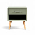 Green nightstand with wooden legs and drawer for bedroom storage 45 x 40 x 50cm