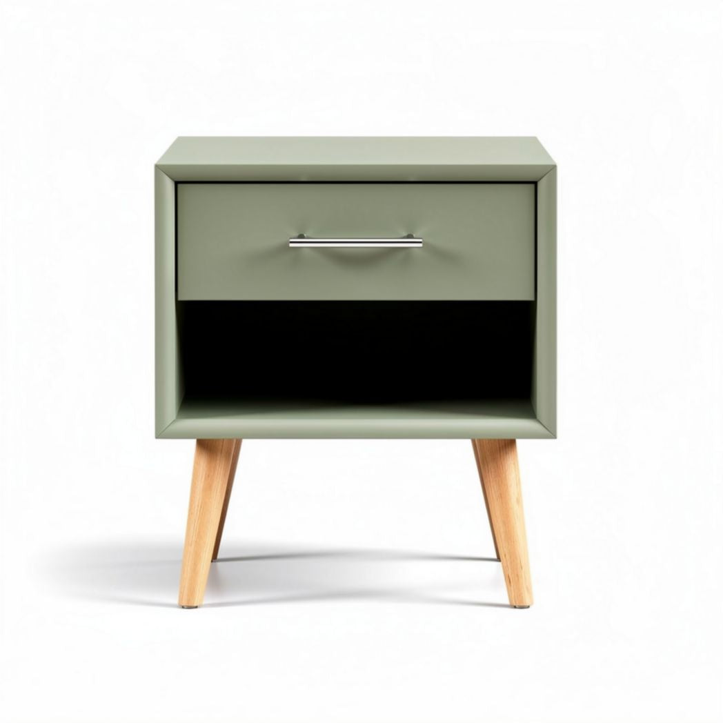 Green nightstand with wooden legs and drawer for bedroom storage 45 x 40 x 50cm