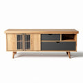 Wooden media console with gray drawers and slatted double doors 120 x 40 x 50cm