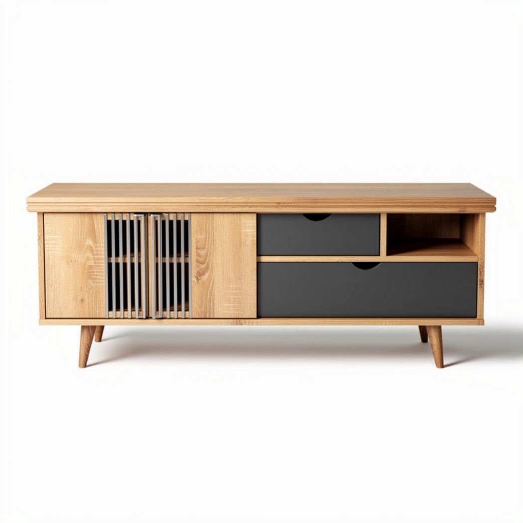 Wooden media console with gray drawers and slatted double doors 120 x 40 x 50cm