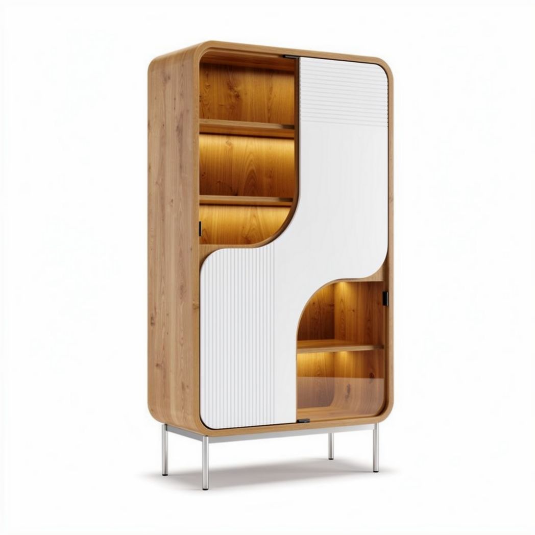 Wooden storage cabinet with two sliding doors and LED lighting 80 x 40 x 150cm