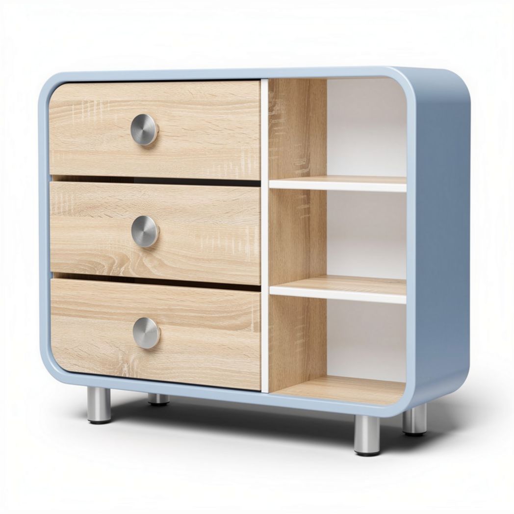 Wooden chest of drawers with three storage compartments and open shelves 60 x 40 x 50cm