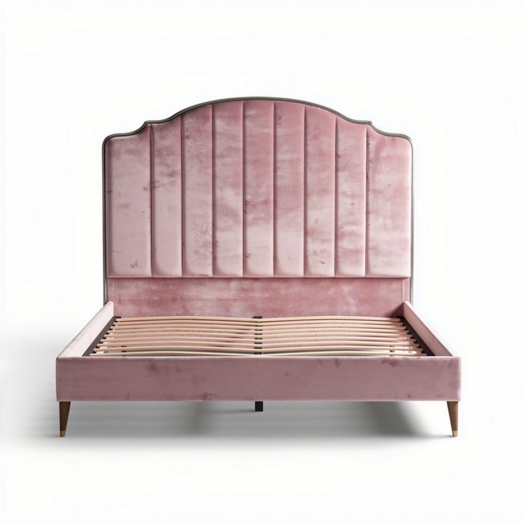 Velvet upholstered queen bed frame in soft pink color with wooden slats