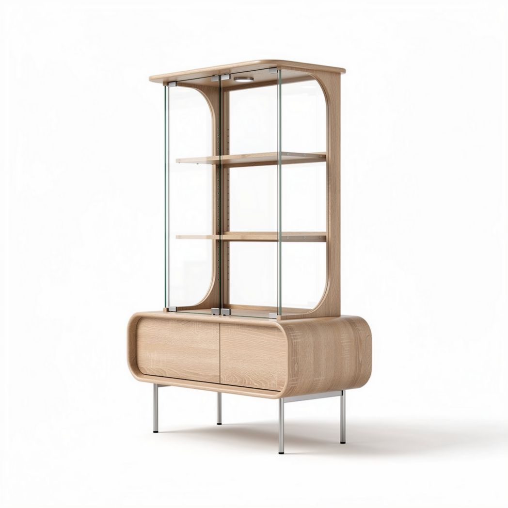 Glass display cabinet with wooden frame and four shelves 160 x 80 x 40cm