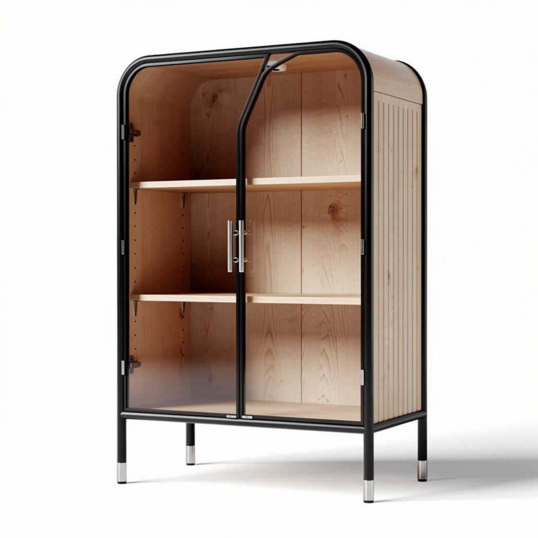Glass door display cabinet with wooden shelves and metal frame 90 x 45 x 130cm