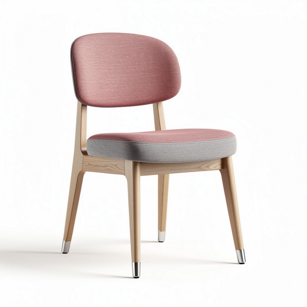 Embroidered fabric dining chair with wooden legs in pink and gray 45 x 50 x 85cm