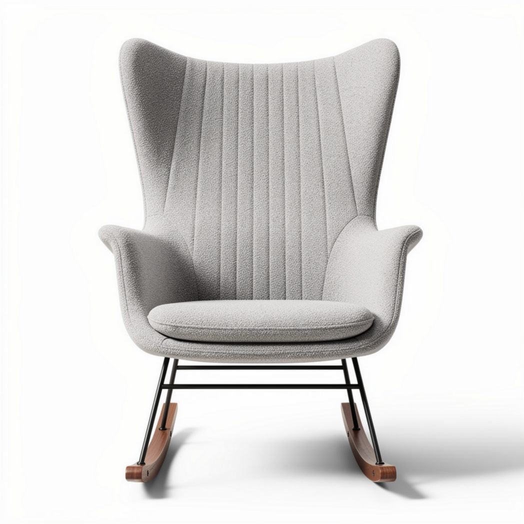 Rocking chair in soft textured gray fabric with wooden base and steel frame
