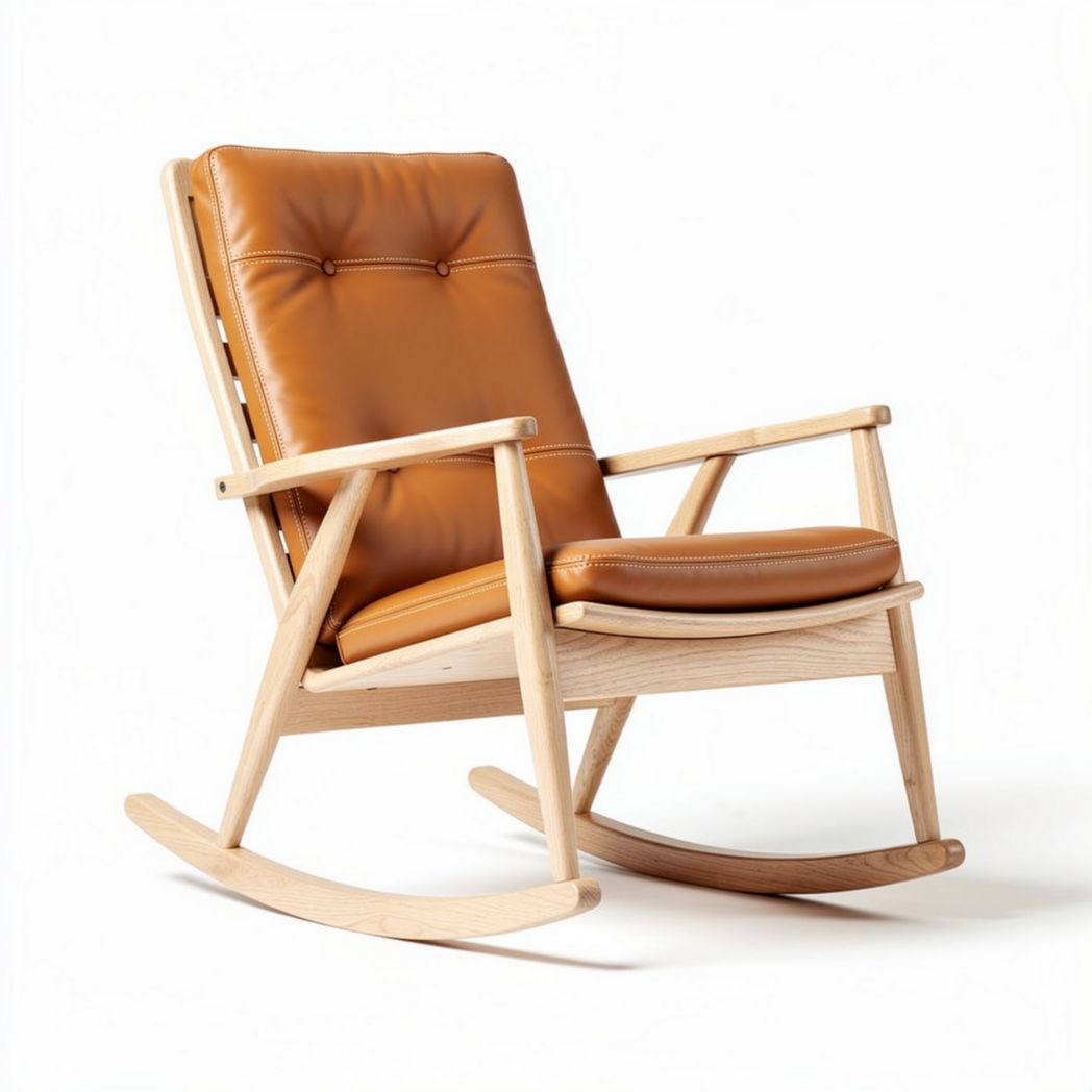 Rocking chair with a wooden frame and leather seat in tan color 80 x 70 x 100cm