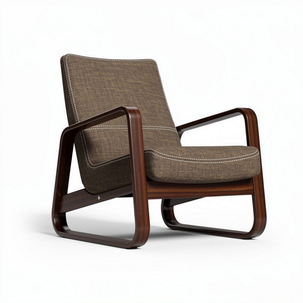 Wooden frame lounge chair with upholstered fabric seat in brown color 80 x 70 x 70cm