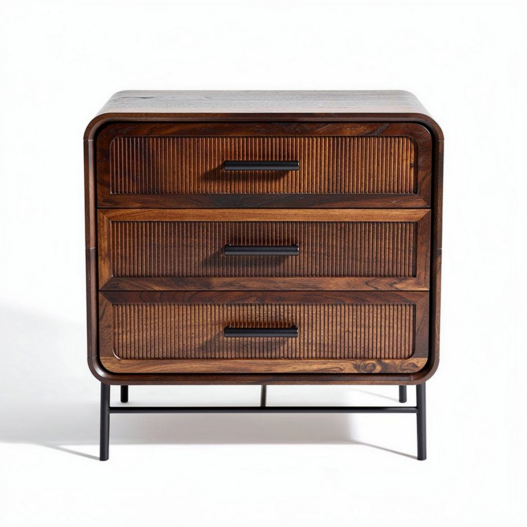 Wooden nightstand with three drawers and black metal legs 45 x 40 x 60cm