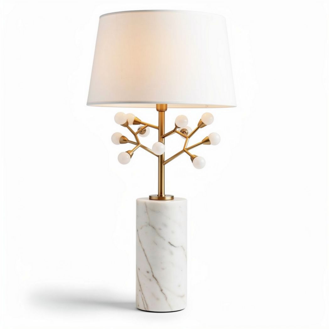 Marble table lamp with gold accents and white fabric shade 30 x 30 x 60cm