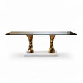 Glass top coffee table with twisted metal legs and marble base 200 x 100 x 75cm