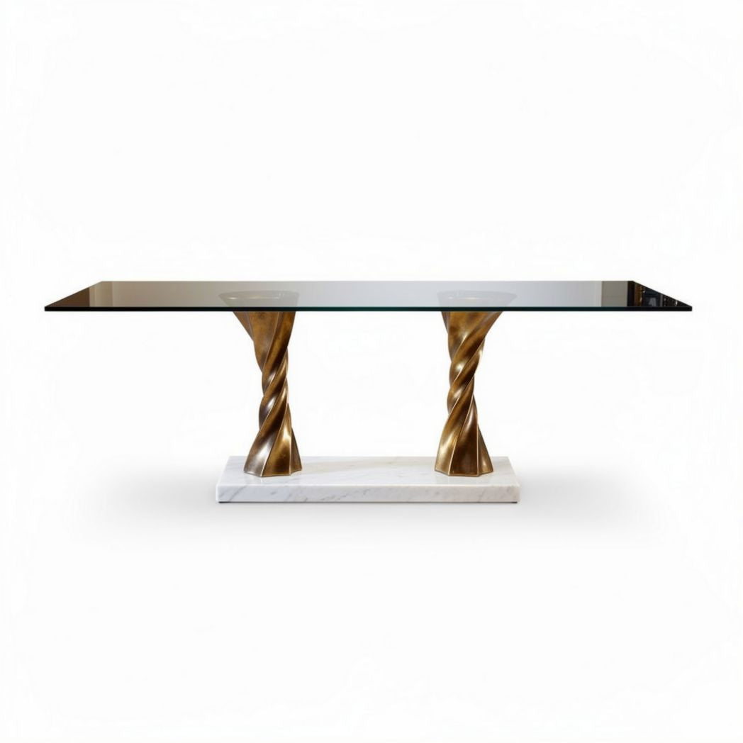 Glass top coffee table with twisted metal legs and marble base 200 x 100 x 75cm