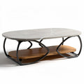 Marble top coffee table with wooden shelf and metal frame 120 x 70 x 40cm