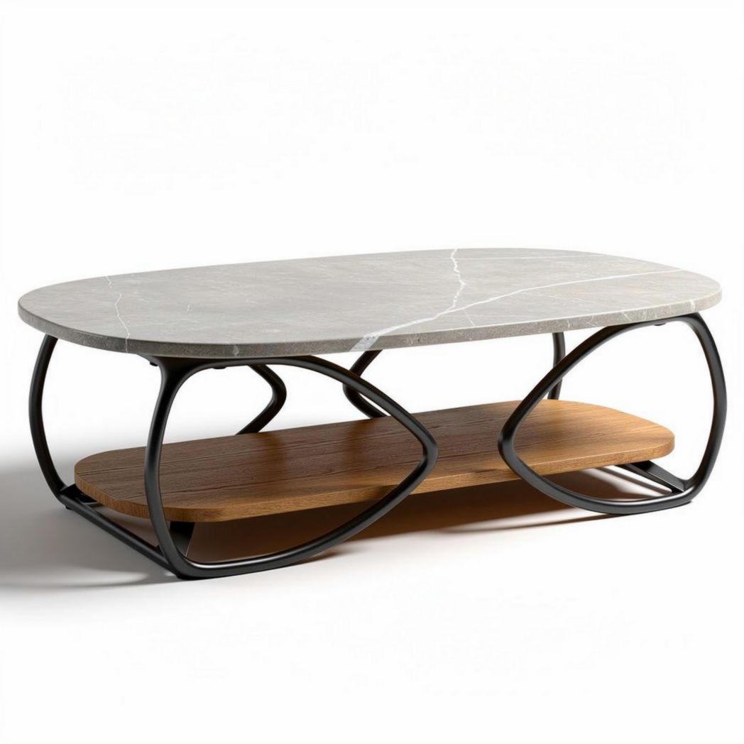 Marble top coffee table with wooden shelf and metal frame 120 x 70 x 40cm